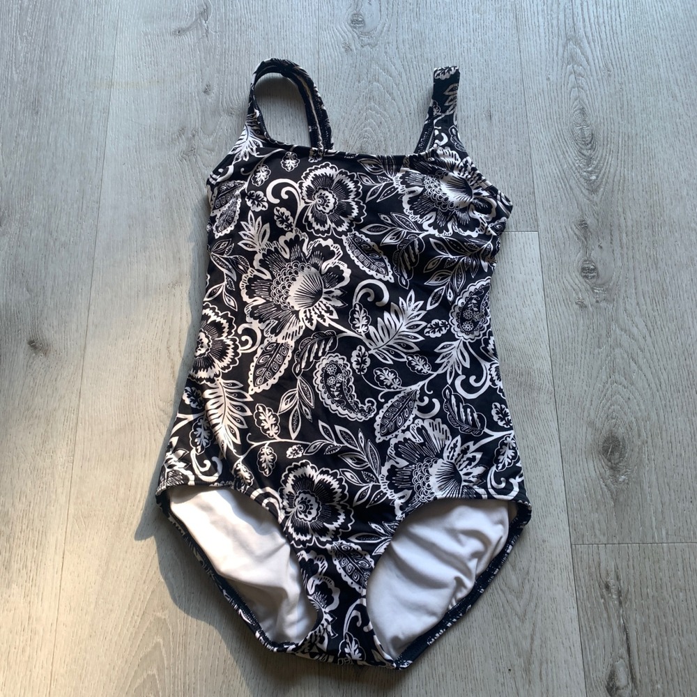 Lands End Womens Paisley One Piece Bathing Suit Black White Floral Swimsuit